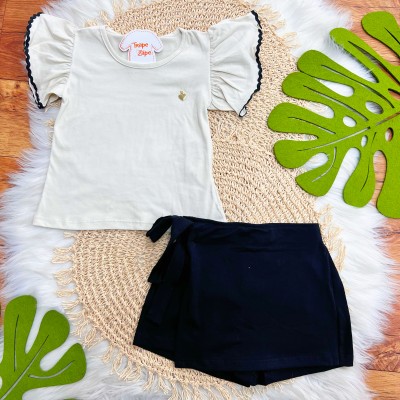 Conj. Blusa com Coração Dourado e Short Saia - Preto e Areia
